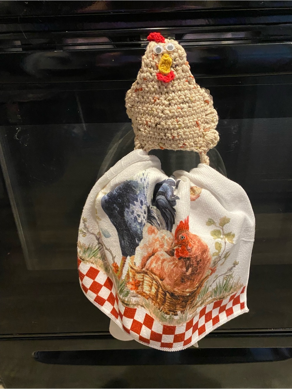 Cream Crocheted Chicken Towel Holder with Red Accents